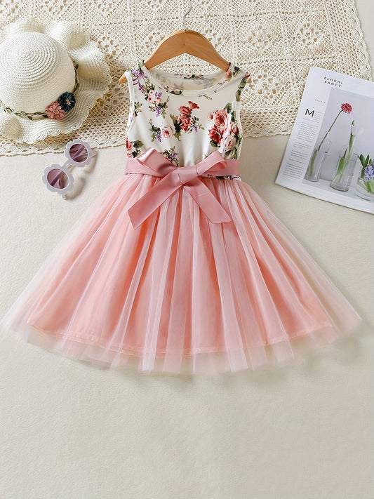 Girls Boho Floral Tank Dress With Band Belt Princess Dress