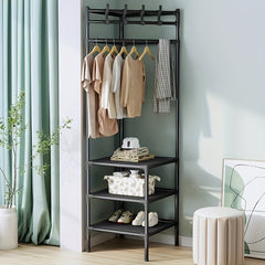 Sturdy Coat Rack with 2 Storage Layers and 4 Double Hooks