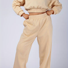  Solid Shirred Long Sleeve Crop Top & Jogger Sweatpants Set