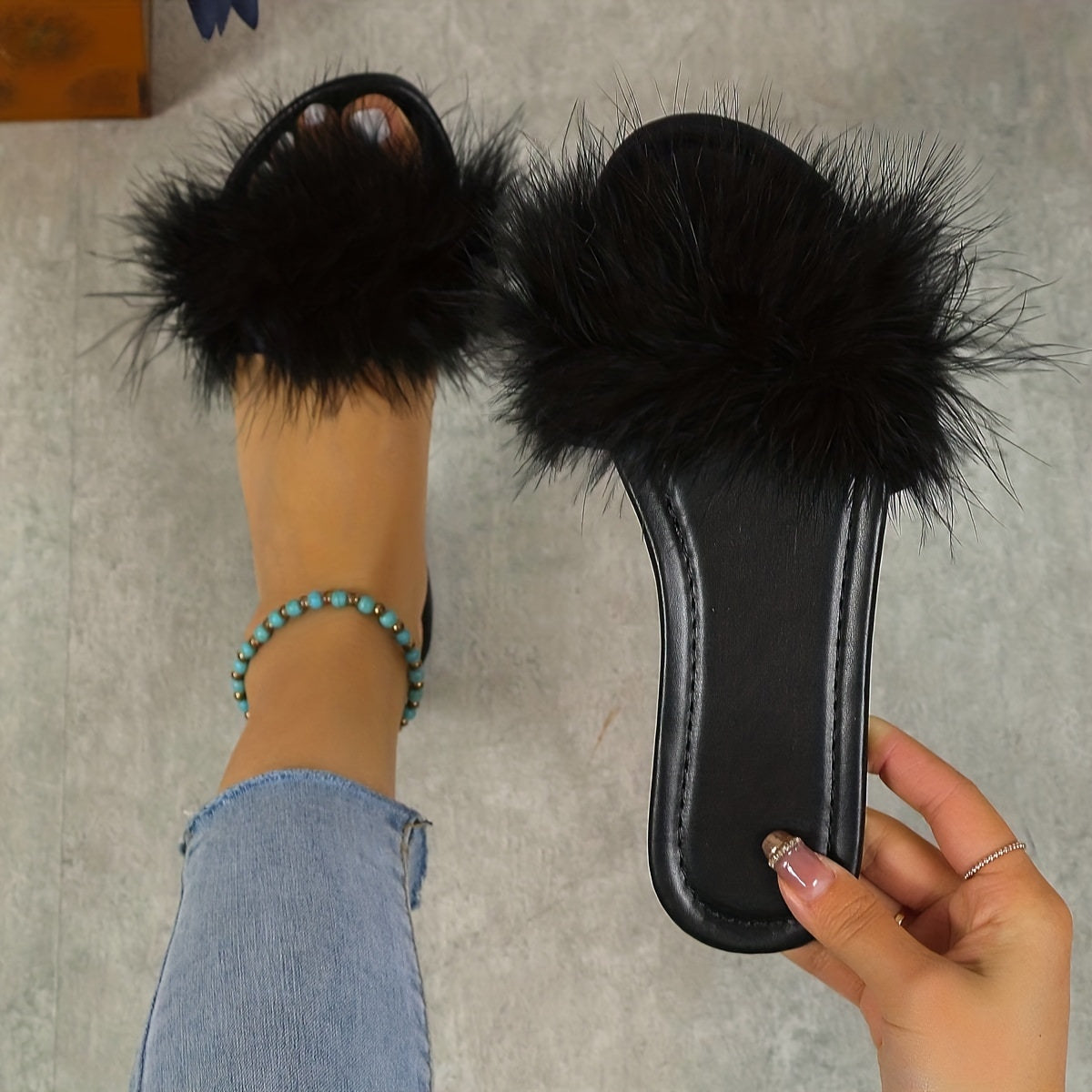 Women's Flat Slide Sandals Faux Fur Decor Summer Shoes