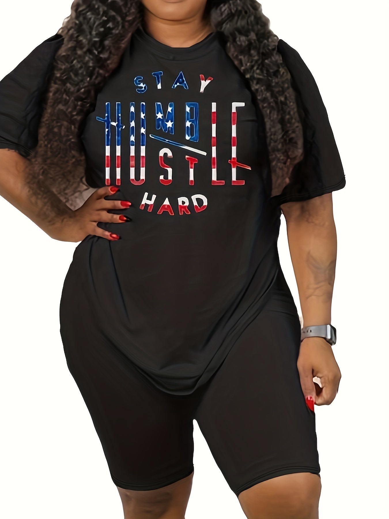  Two Piece Set Women's Flag Print Short Sleeve Tee & Shorts Set