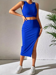 Solid Casual Two piece Set Crop Tank Top & Split Skirts