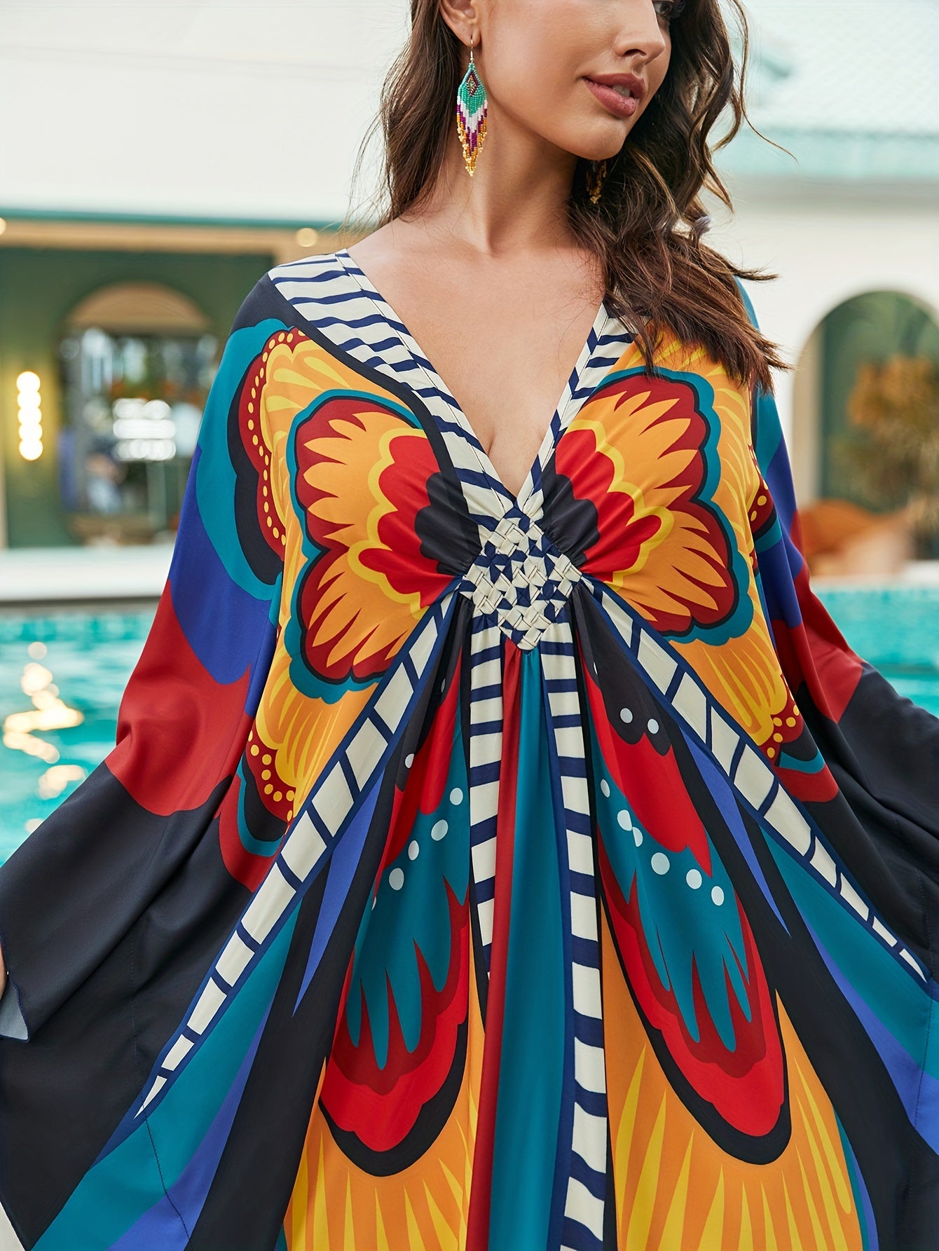  Allover Print Batwing Sleeve Maxi Jalabiya Dress