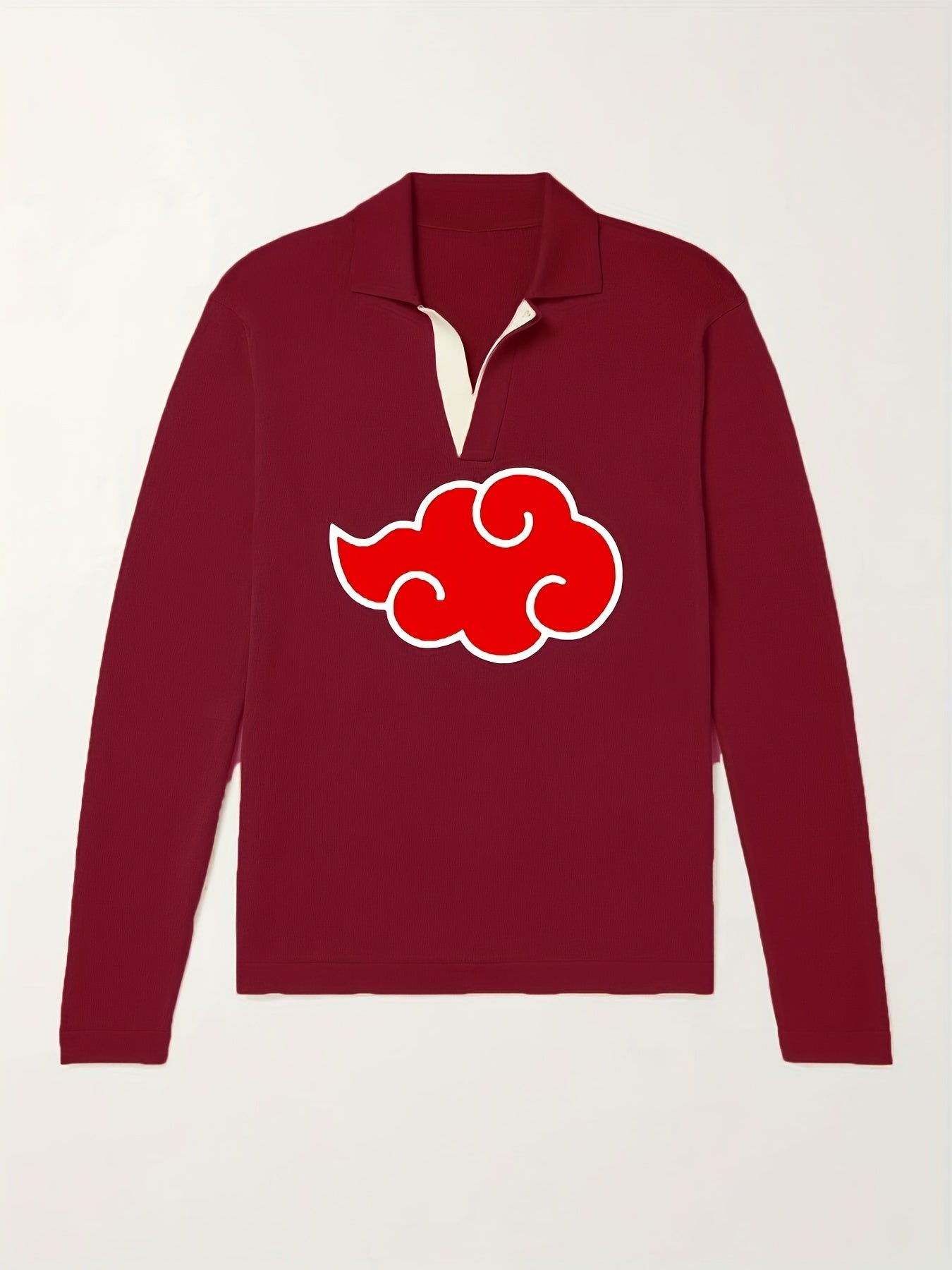 Anime Cloud Pattern Polo Sweater Men's Warm V Neck Pullover For Fall Winter