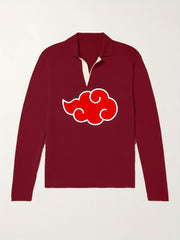 Anime Cloud Pattern Polo Sweater Men's Warm V Neck Pullover For Fall Winter