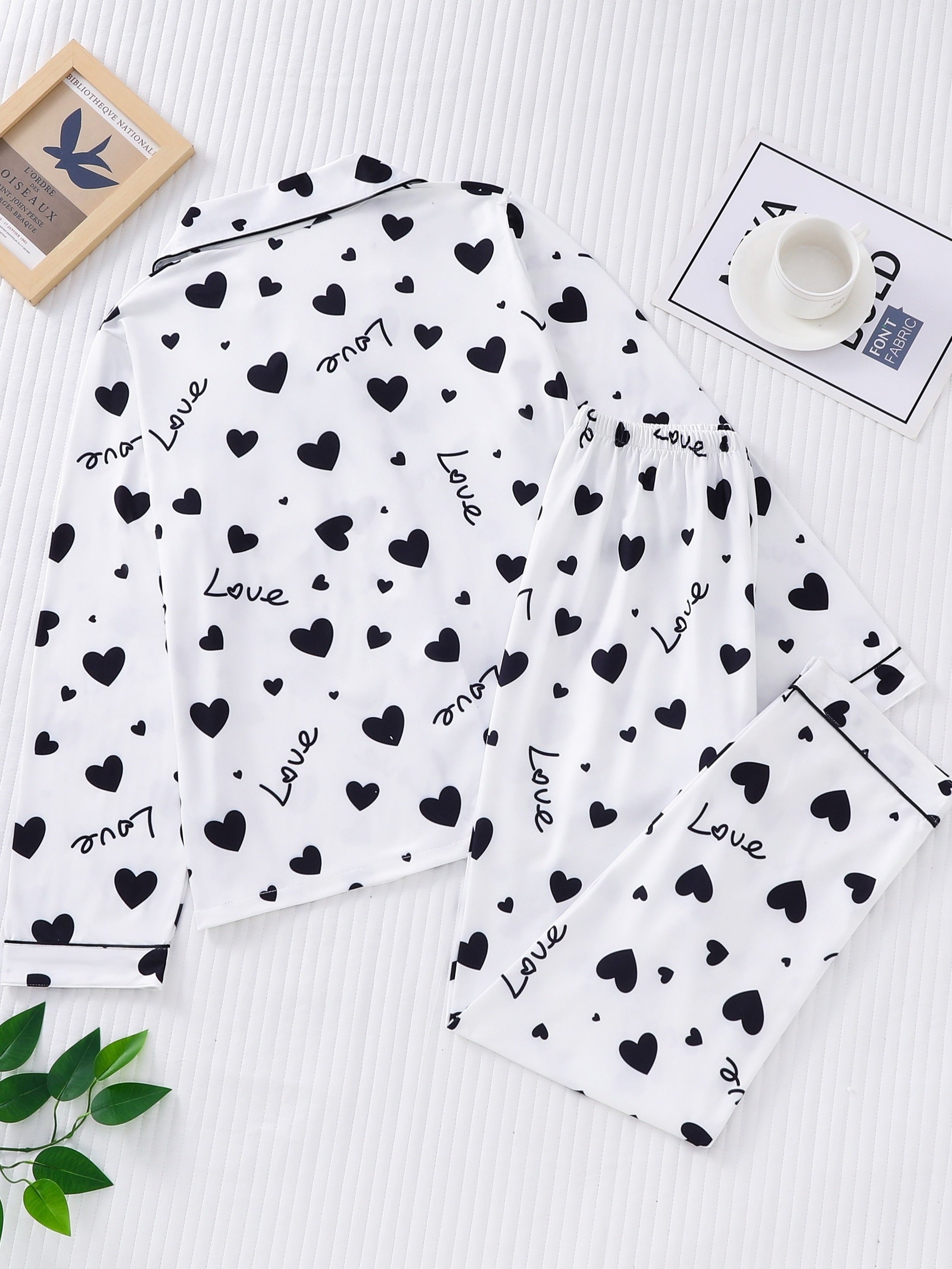 Heart Print Pajama Set Long Sleeve Buttons Top & Elastic Waistband Pants