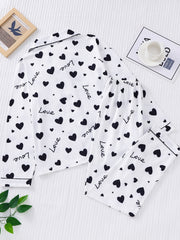 Heart Print Pajama Set Long Sleeve Buttons Top & Elastic Waistband Pants