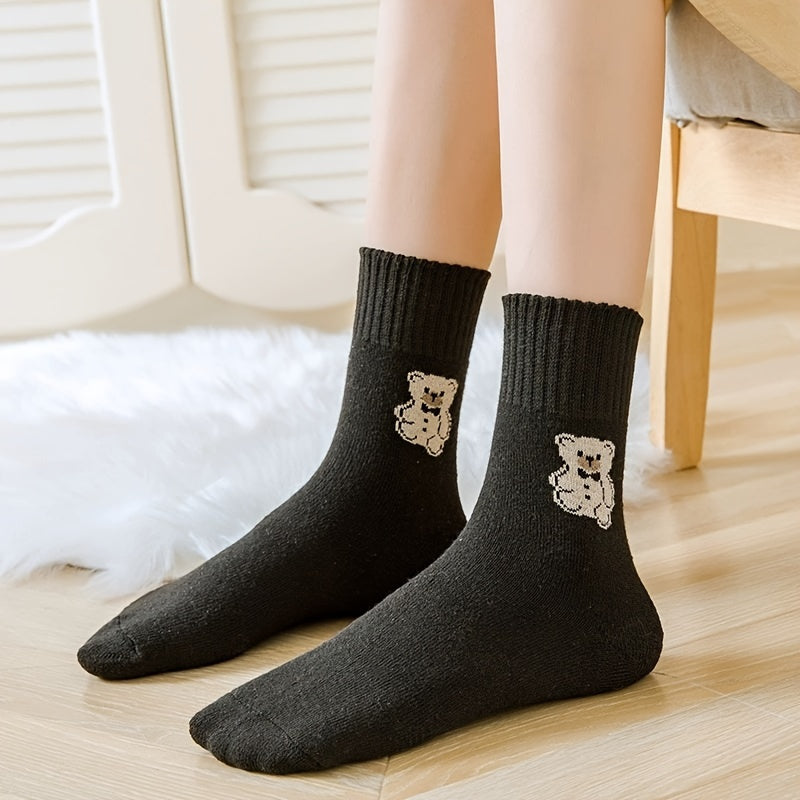 5 Pairs Cartoon Bear Print Socks & Soft Mid Tube Socks Women's Stockings
