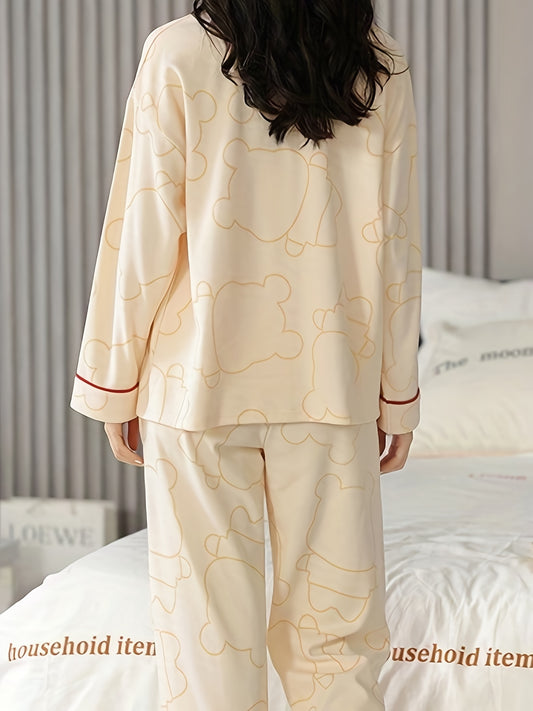 Bear Print Pajama Set Long Sleeve Crew Neck Top & Pants Women's Sleepwear