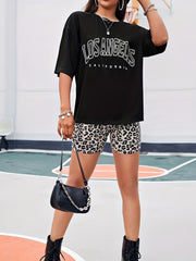 Letter Print T shirt & Leopard Print Shorts Set Women's Outfits