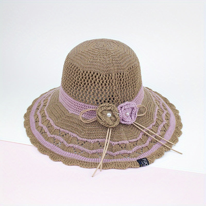 Knitted Bucket Hat Hollow Breathable Sunscreen Beach Hats Wide Brim
