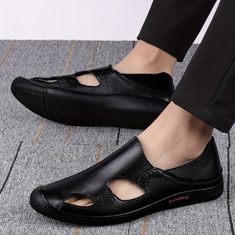 Men's Breathable No Tie Lace Cut Out Leather Shoes