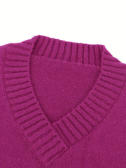 V Neck Drop Shoulder Knit Sweater Long Sleeve Casual Pullover