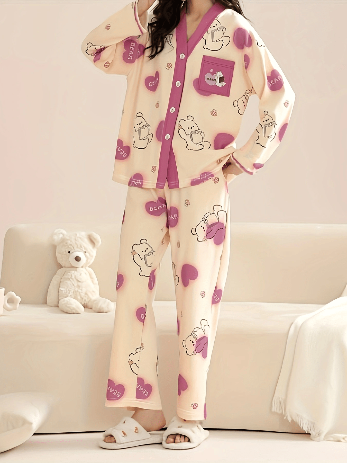 Bear Print Pajama Set Long Sleeve Top & Pants