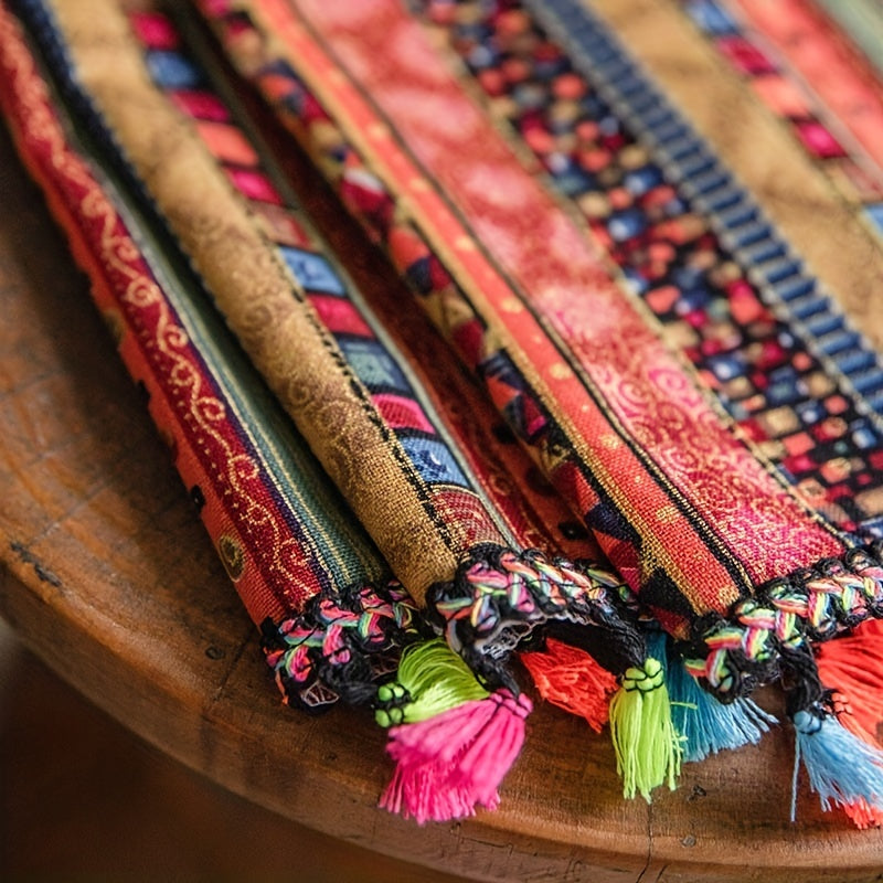 Boho Multicolor Curtain with Red Stripes & Tassels