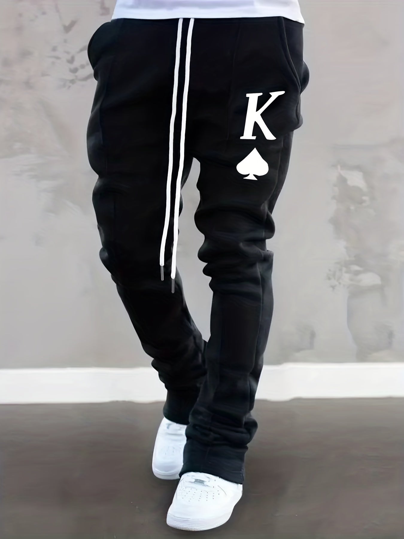 Men's Slim Fit Flared Joggers with Spade Pattern Drawstring Pants