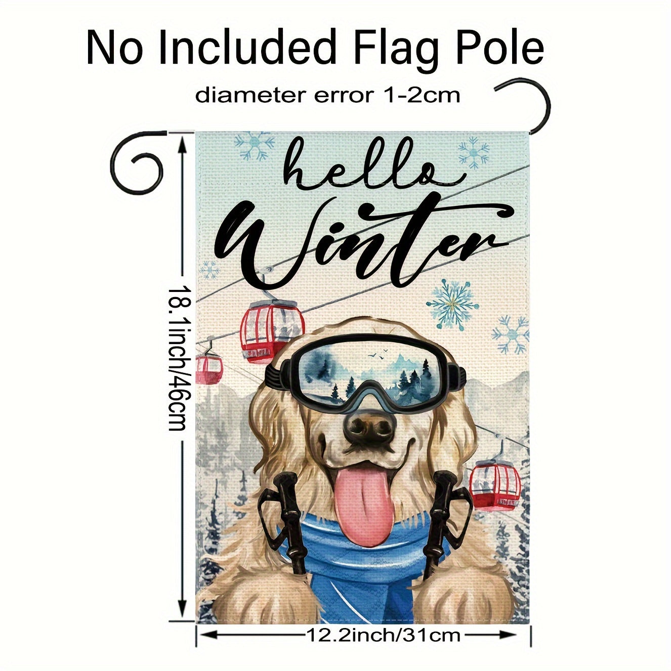 Hello Winter Dog Garden Flag Double Sided Snowflake Skiing Golden Retriever