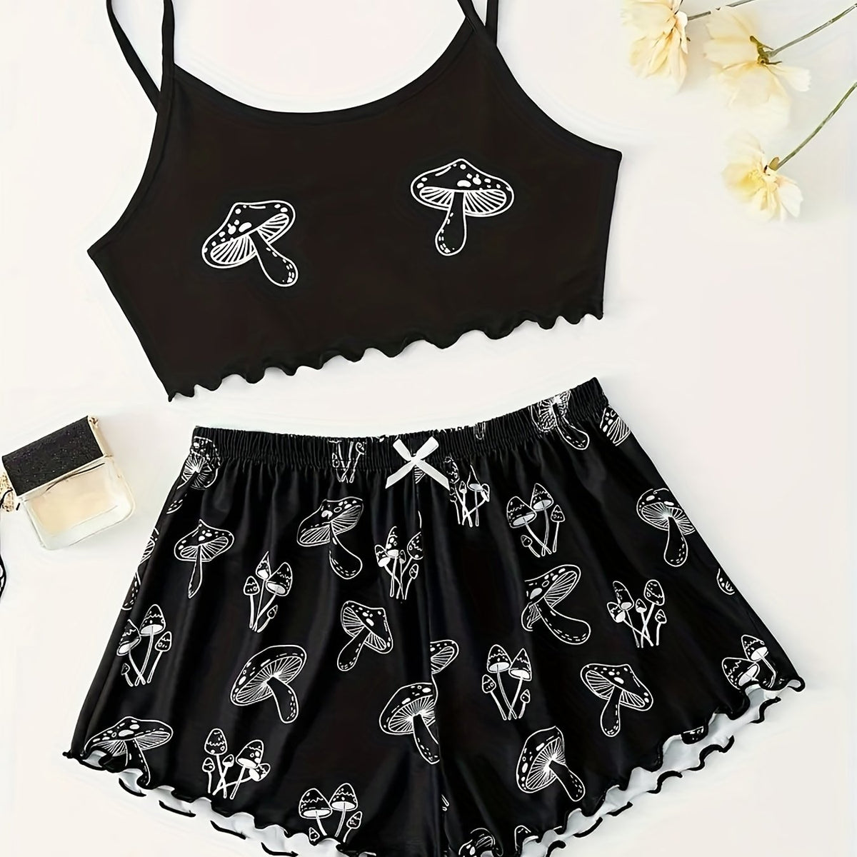 Mushroom Print Lounge Set Sleeveless Cami Crop Top & Bow Elastic Shorts