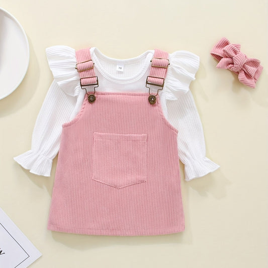 Newborn Triangle Romper Top Corduroy Suspenders Dress Bandana Set