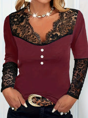  Solid Lace Long Sleeve V Neck Knit Top
