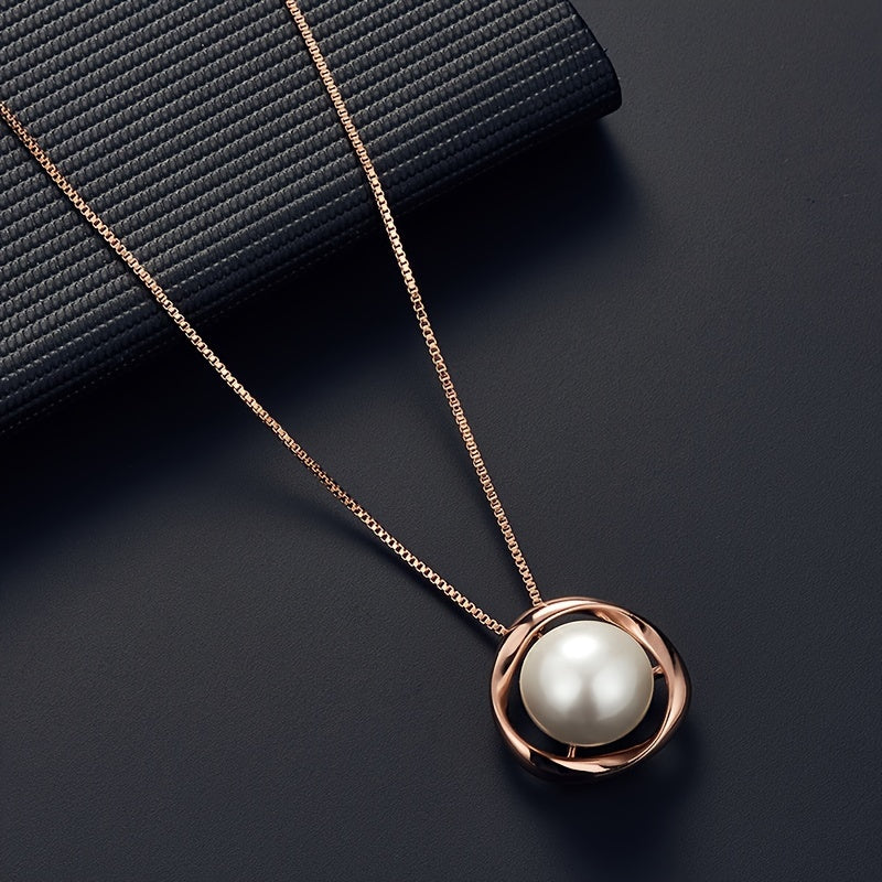 Faux Pearl Inlaid Round Jewelry Set Pendant Necklace & Stud Earrings
