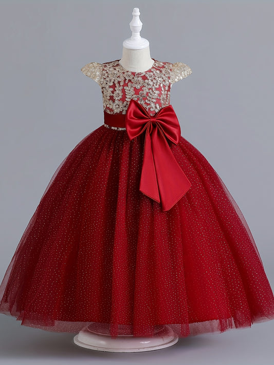 Cap Sleeve Rhinestone Embroidered Formal Dress for Big Girls