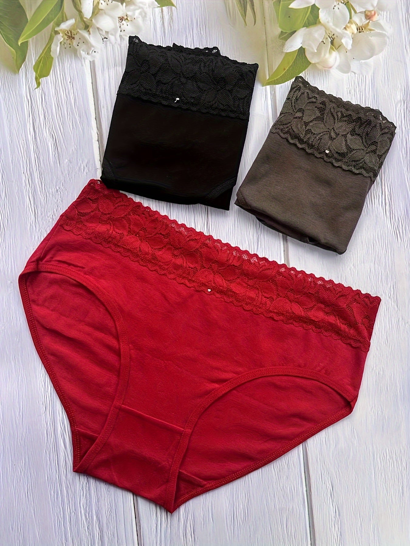 3pcs Lace Briefs Comfy & Stretchy Panties Women's Lingerie