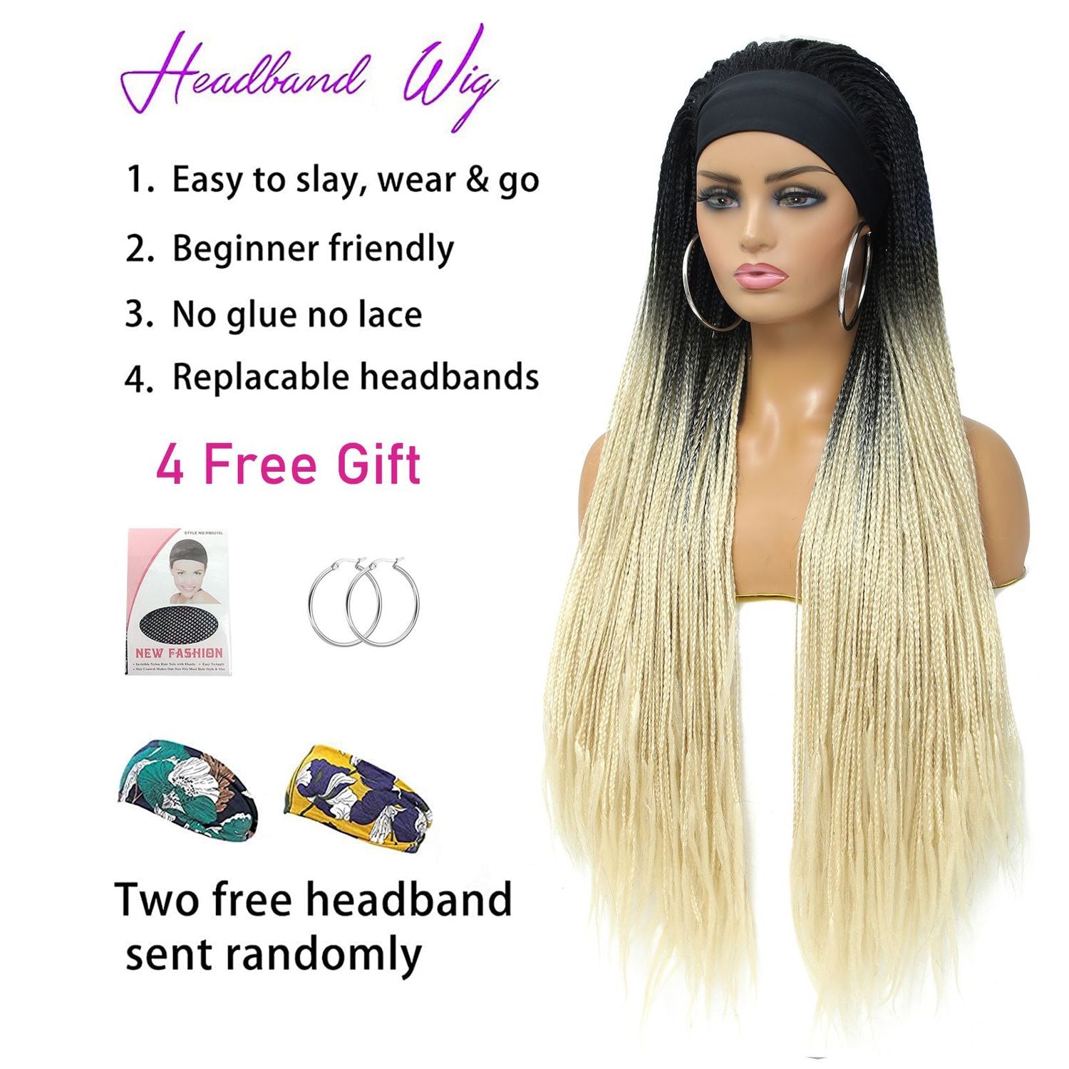 Ombre Box Braided Headband Wig for Women