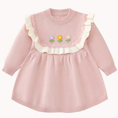 Ruched Trim Flower Pattern Dress for Toddler Girls