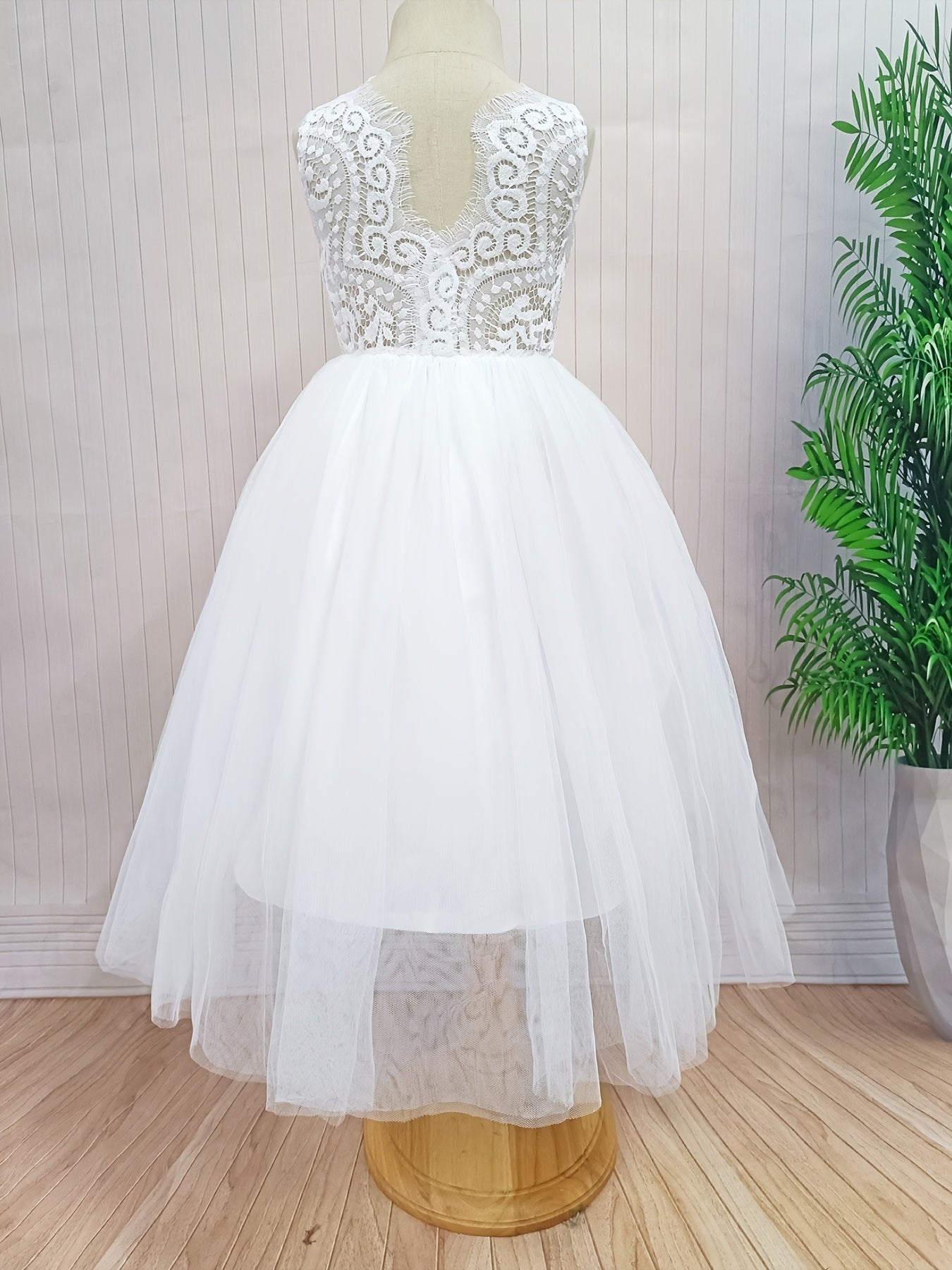 Girls Flower Lace Sleeveless Mesh Dress for Wedding Piano Performance