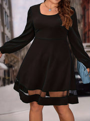  Casual Dress Solid Contrast Mesh Long Sleeve Square Neck