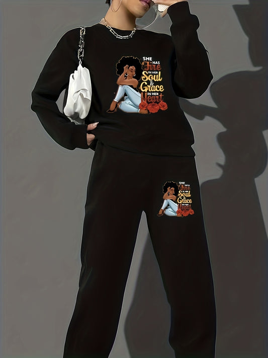  Women's Slogan Print Long Sleeve Sweatshirt & Joggers Set