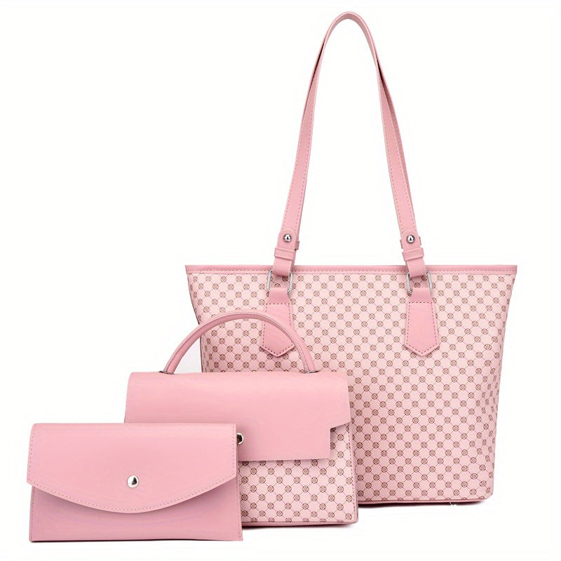 3Pcs Geometric Pattern PU Leather Tote Bag Set with Flap Handbag & Clutch