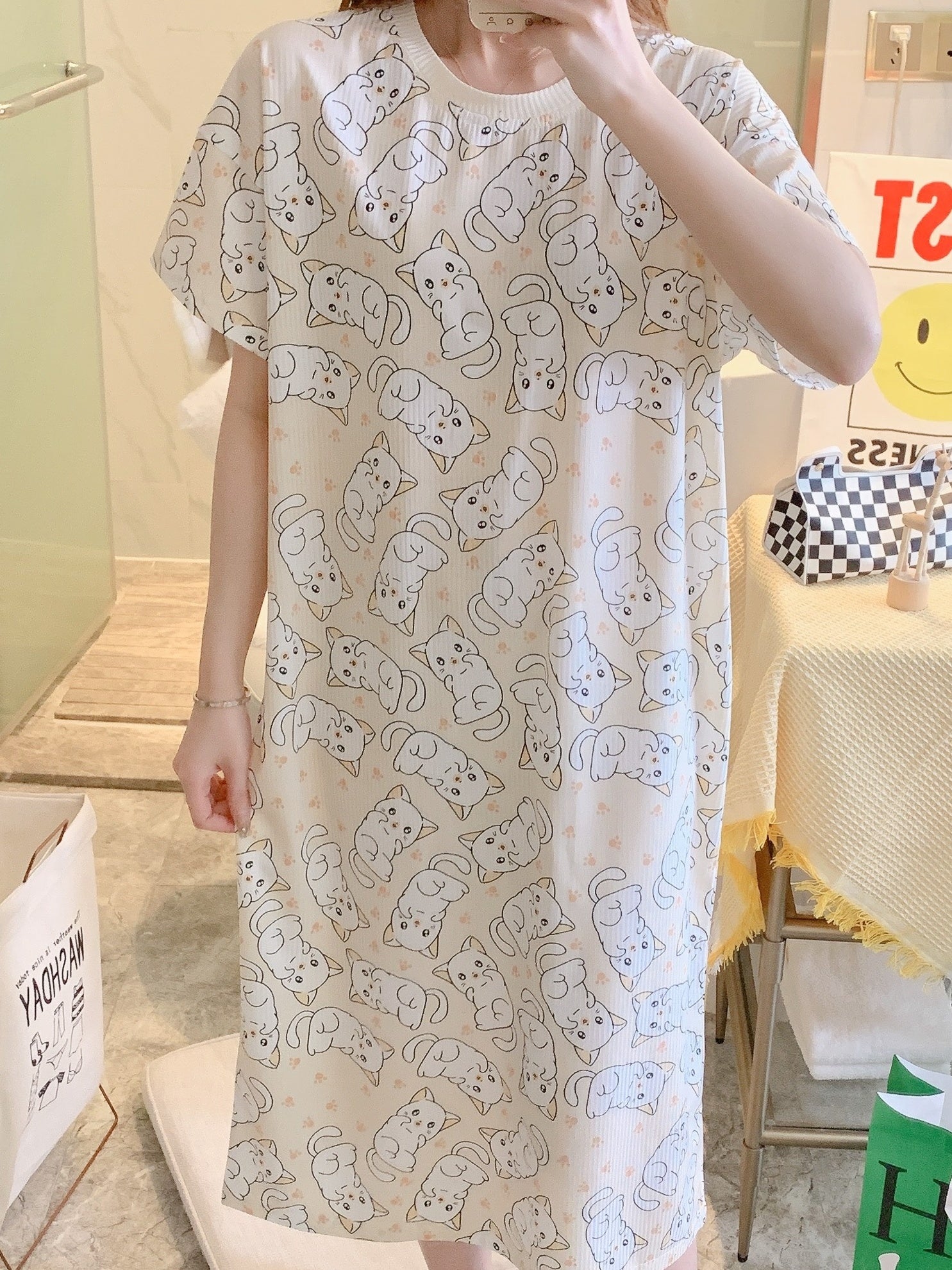Cat Pattern Sleep Dress Casual & Comfy Short Sleeve Loose Women's Sleepwear