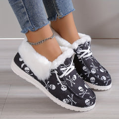 Women's Plush Lined Canvas Shoes Halloween Skull Printed Low Top Shoes