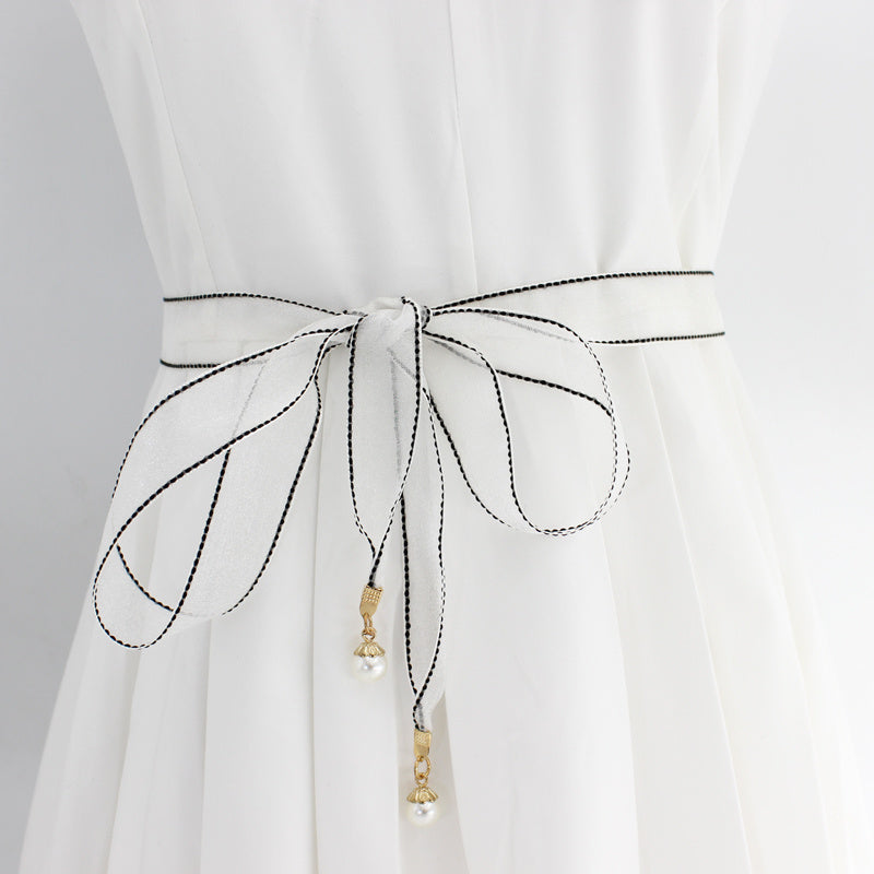Lace Waistband Dress Belt with Pearl Pendant