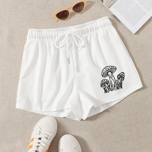 Mushroom Print Hotpants Drawstring Waist Shorts