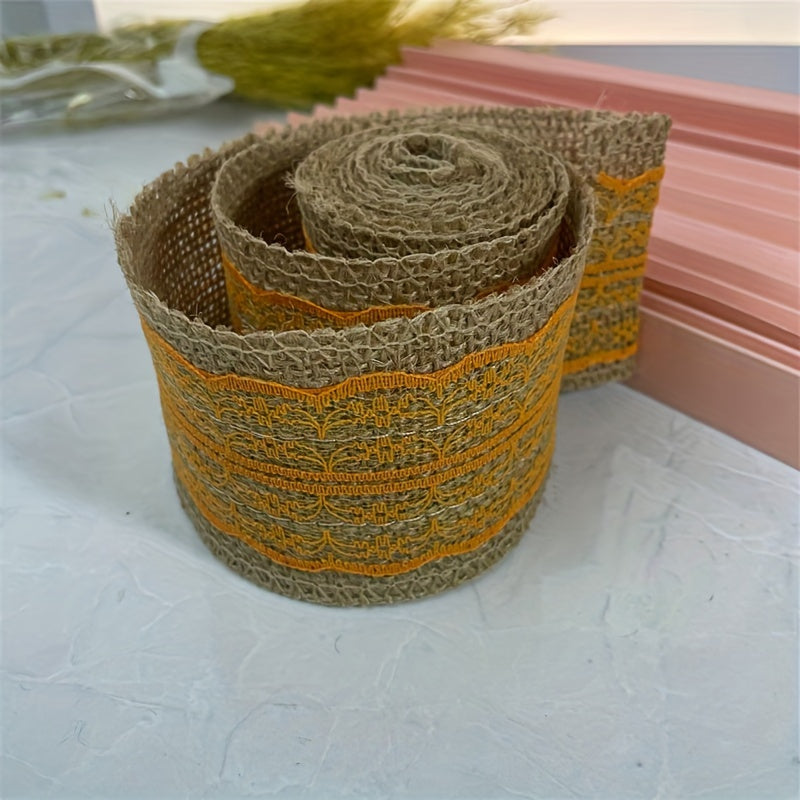 Linen Woven Ribbon Roll Yellow Jute Cotton Edge Burlap Decorative
