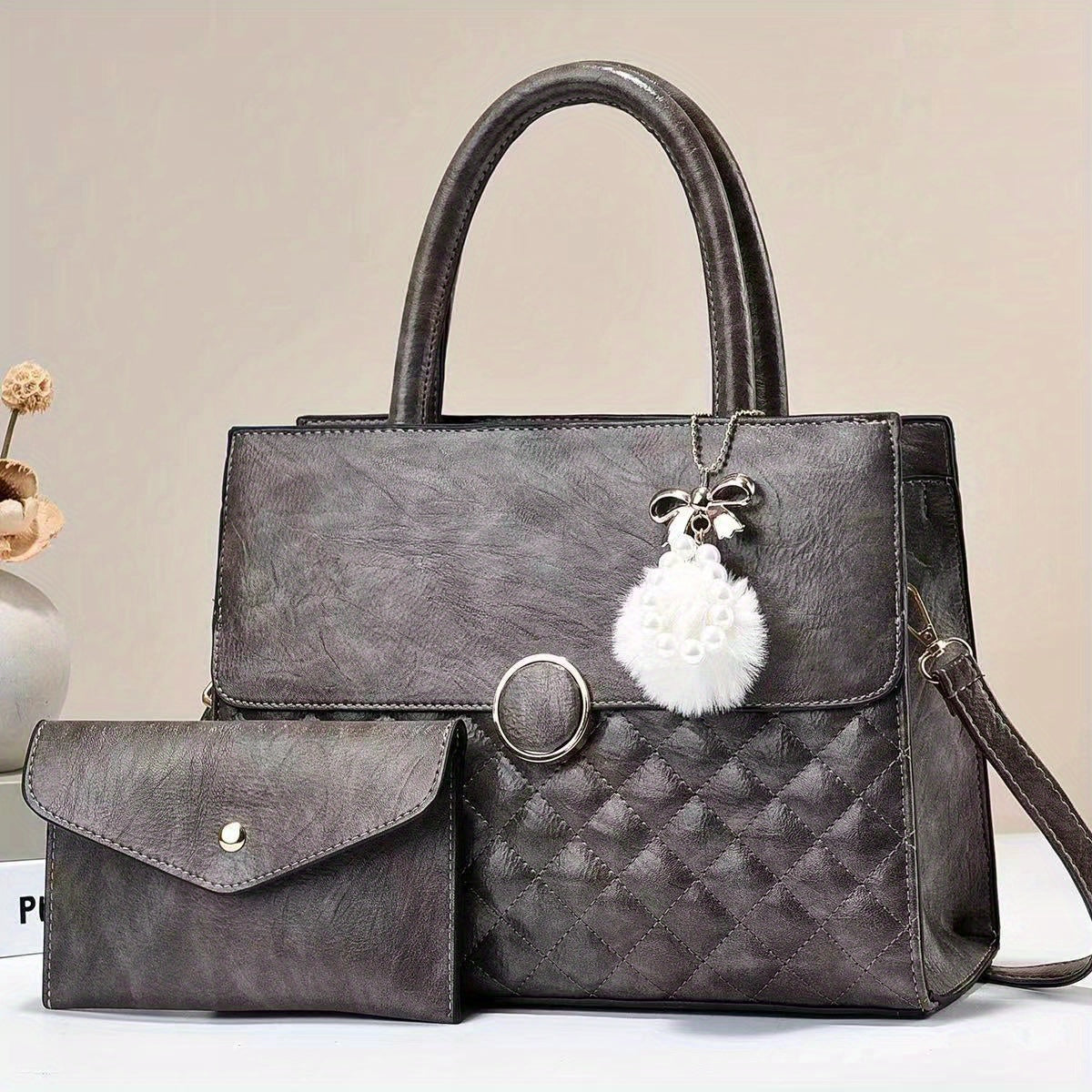 Quilted Tote Satchel Bag PU Leather Textured Shoulder Bag