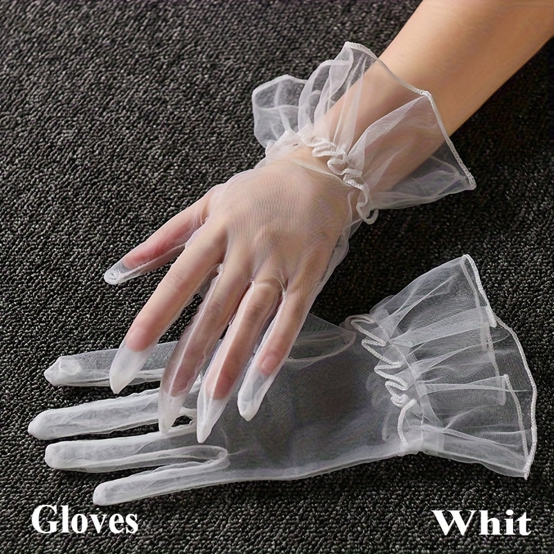 2pcs Sheer Mesh Short Gloves Ruffled Sleeve L