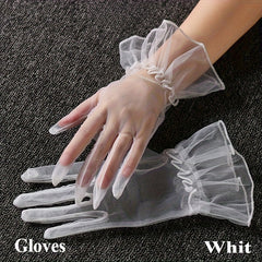 2pcs Sheer Mesh Short Gloves Ruffled Sleeve L