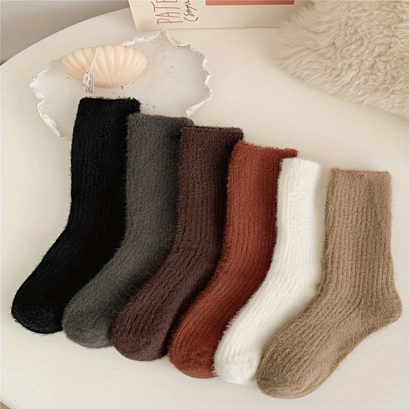 6 Pairs Solid Fuzzy Socks Mid Tube Women's Stockings
