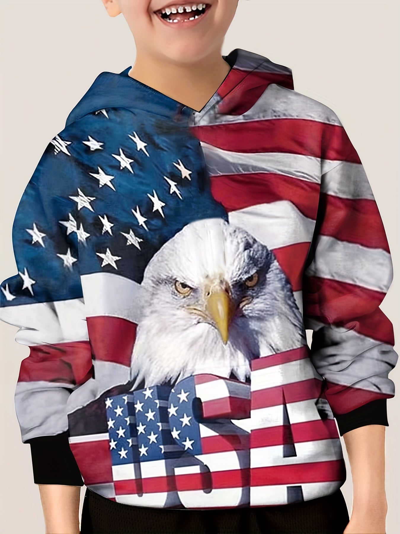 Eagle & Flag Print Kid's Hoodie Unisex Pullover Casual Hooded Long Sleeve Top