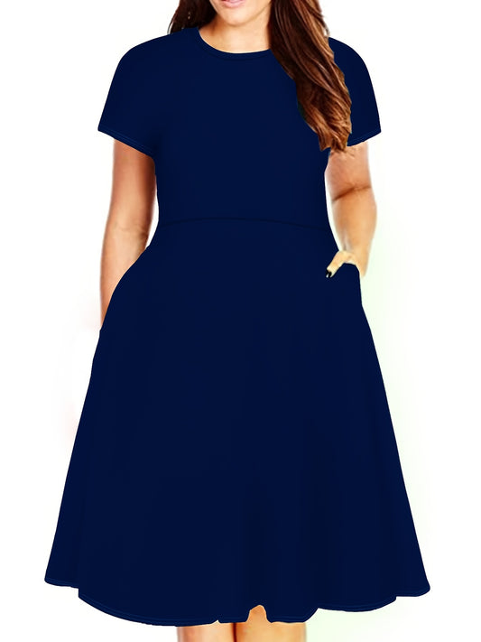  Solid Short Sleeve Midi Dress With Pocket Women's Plus