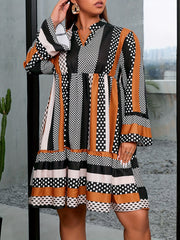  Colorblock Dot Print Bell Sleeve Mini Dress