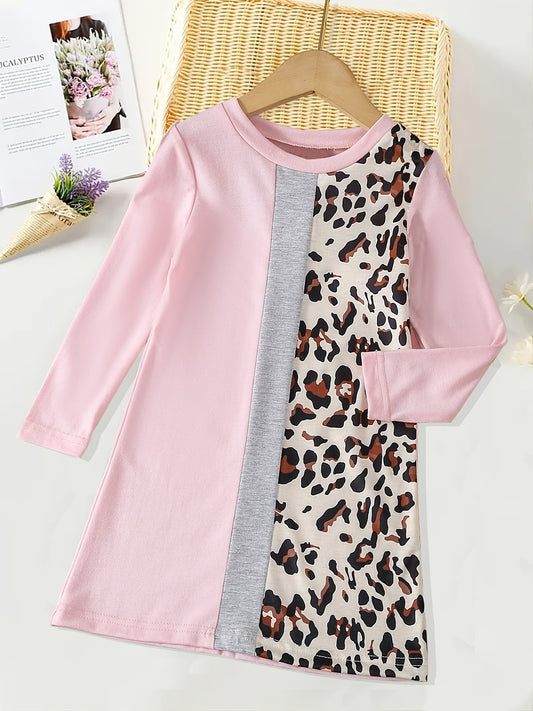 Girls Leopard Splicing Dress Kids Spring Clothes