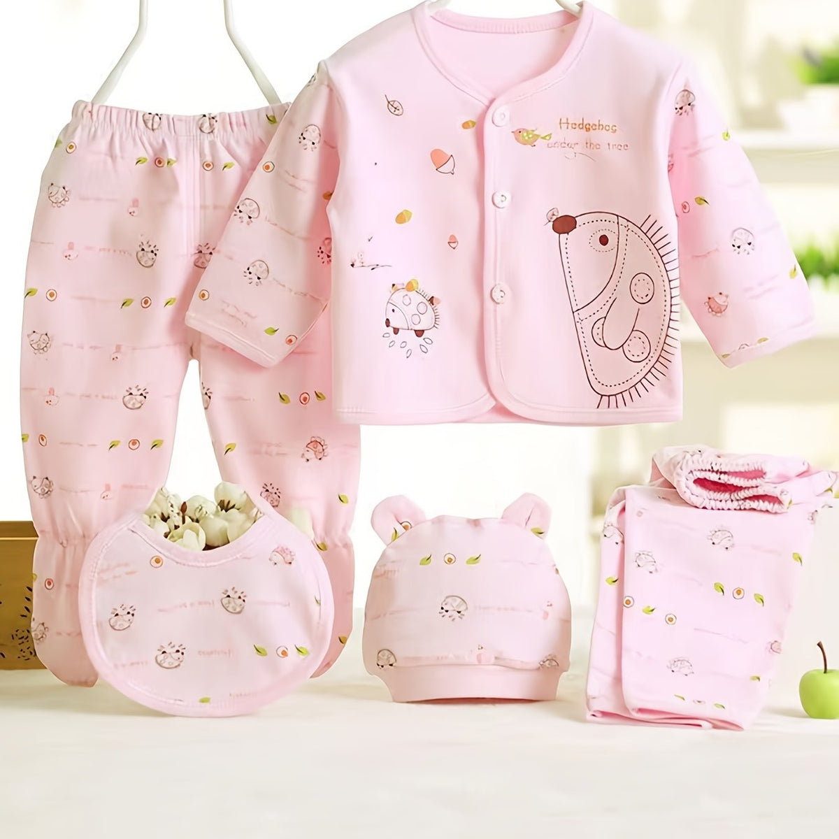 Cute Baby Girl 5pc Outfit Set Cartoon Top Pants Hat Bib