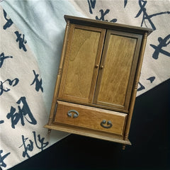 Vintage Wooden Dollhouse Wardrobe Cabinet with Double Doors and Drawers