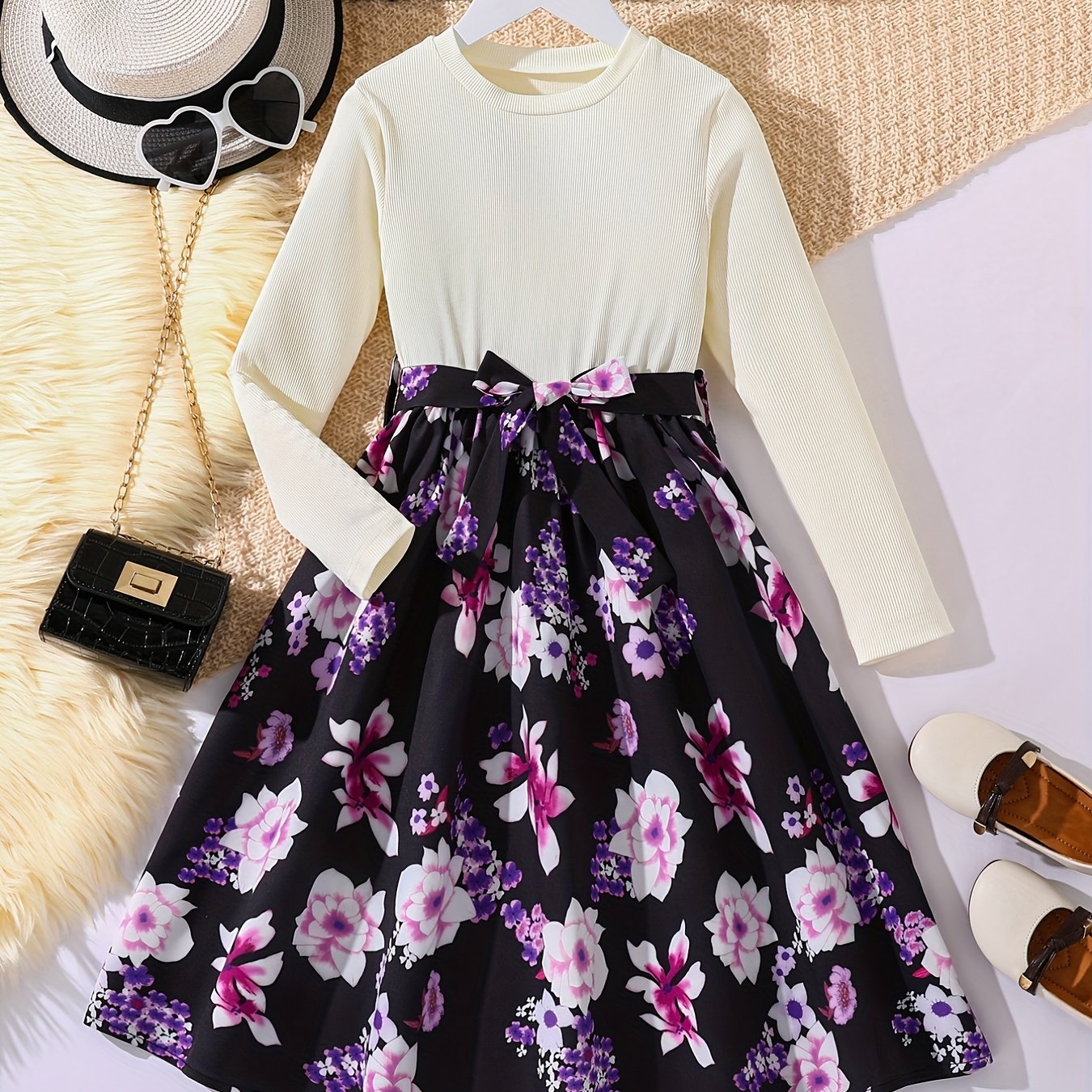 Girls Long Sleeves Flowers Splicing Belted Dress For Party Kids Spring Clothes