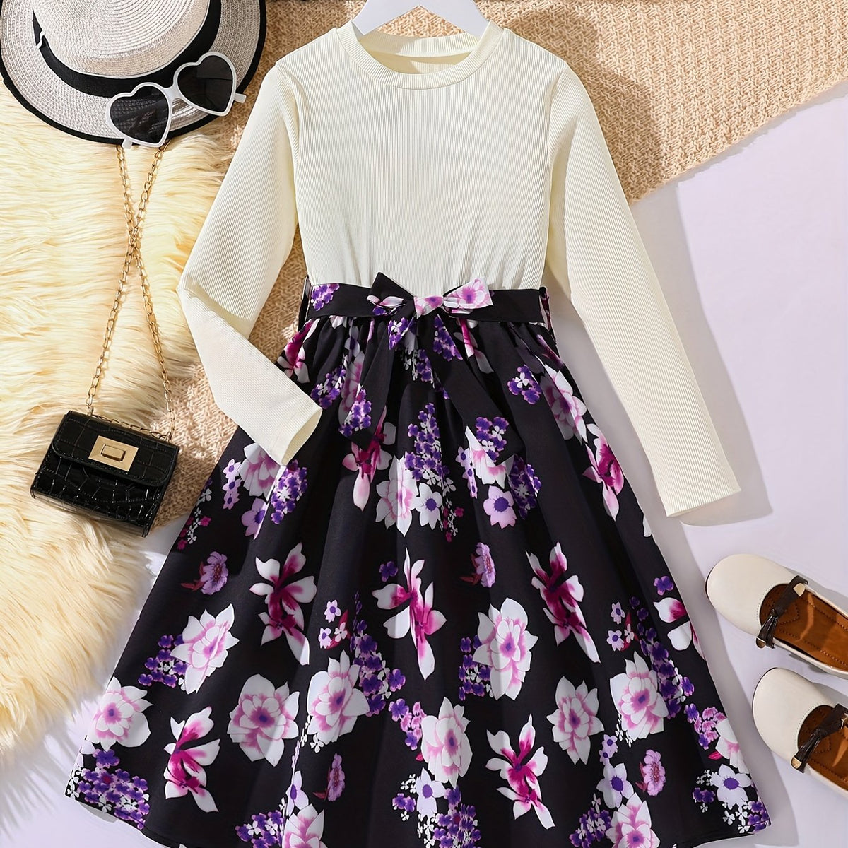 Girls Long Sleeves Flowers Splicing Belted Dress For Party Kids Spring Clothes